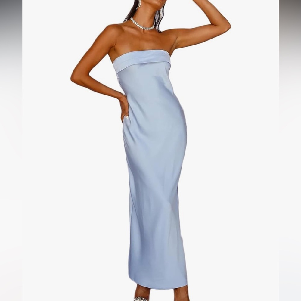 Blue Satin Strapless Eyecatcher MIDI Dress, Size Small - Picture 1 of 14